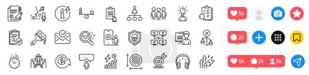 Illustration for Group, Inclusion and Presentation line icons pack. Social media icons. Dollar exchange, Brush, Headphones web icon. Approved report, Video conference, Discrimination pictogram. Vector - Royalty Free Image