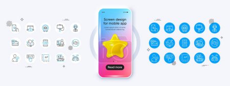 Illustration for Teacher, Selfie stick and Pickup line icons. Phone mockup with 3d star icon. Pack of Justice scales, Receive money, Shipping support icon. Online warning, 24h service, Stop fishing pictogram. Vector - Royalty Free Image