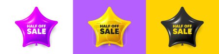 Illustration for Half off sale. Birthday star balloons 3d icons. Special offer price sign. Advertising discounts symbol. Half off sale text message. Party balloon banners with text. Birthday or sale ballon. Vector - Royalty Free Image