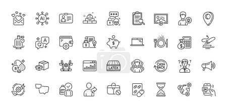 Illustration for Love mail, 24h service and Capsule pill line icons pack. AI, Question and Answer, Map pin icons. Wallet, Boat fishing, Person idea web icon. Teamwork, Cashback, Food pictogram. Vector - Royalty Free Image