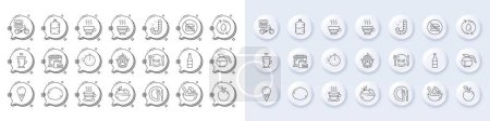 Illustration for Refill water, Calories and Ice cream line icons. White pin 3d buttons, chat bubbles icons. Pack of Food delivery, Fruits, Dish icon. Macadamia nut, Wine, Coffeepot pictogram. Vector - Royalty Free Image