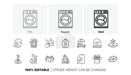 Illustration for Packing boxes, Hat-trick and Location app line icons. Pack of Chemistry lab, Voting campaign, Vip table icon. Search puzzle, Skyscraper buildings, Face accepted pictogram. Wash hands. Vector - Royalty Free Image
