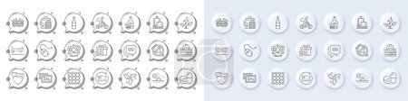 Illustration for Quote bubble, Arena stadium and Eco power line icons. White pin 3d buttons, chat bubbles icons. Pack of Cyclist, Computer mouse, Bio shopping icon. Influence, Build, Photo album pictogram. Vector - Royalty Free Image