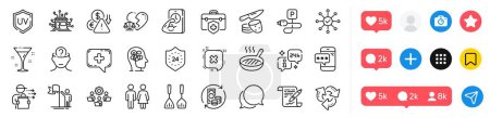 Illustration for Change money, Charging parking and Food delivery line icons pack. Social media icons. Phone password, Deflation, Cocktail web icon. Leadership, Recycle, Psychology pictogram. Vector - Royalty Free Image