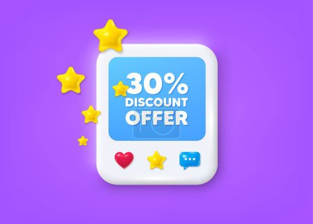 Illustration for Social media post 3d frame. 30 percent discount tag. Sale offer price sign. Special offer symbol. Discount message frame. Photo banner with stars. Like, star and chat icons. Vector - Royalty Free Image
