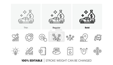 Illustration for Cogwheel, Idea and Edit statistics line icons. Pack of 360 degree, Petrol station, Video conference icon. Loyalty star, Inventory cart, Phone message pictogram. Correct answer. Line icons. Vector - Royalty Free Image
