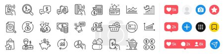 Illustration for Receive money, Payment received and Contactless payment line icons pack. Social media icons. Coins banknote, Pie chart, Grocery basket web icon. Vector - Royalty Free Image