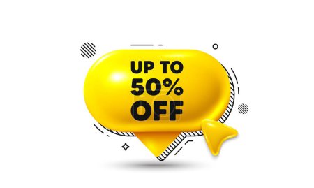 Illustration for Click here speech bubble 3d icon. Up to 50 percent off sale. Discount offer price sign. Special offer symbol. Save 50 percentages. Discount tag chat offer. Speech bubble banner. Vector - Royalty Free Image