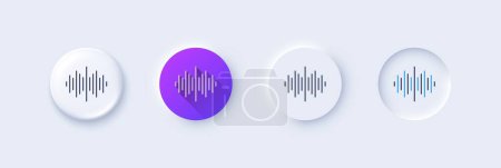 Ilustración de Icono de línea de onda sonora. Neumorfa, gradiente púrpura, botones de pin 3d. Señal de pista de audio. Símbolo de música. Iconos de línea. Botones neumórficos con signos de contorno. Vector - Imagen libre de derechos