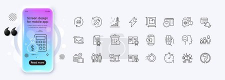 Teamwork question, Help and Recovery trash line icons for web app. Phone mockup gradient screen. Pack of Partnership, Power, Update data pictogram icons. Vector