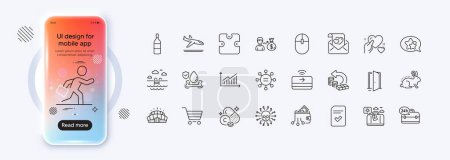 Ilustración de Empresa ejecutar, equipaje de viaje y vino línea de botellas iconos para la aplicación web. Teléfono pantalla de gradiente maqueta. Pack de Ética, Ataque Cibernético, Iconos de pictograma de piscina. Vector - Imagen libre de derechos