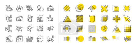 Illustration for Courier, Deliveryman, Grocery retail. Design shape elements. Food delivery line icons. Delivery truck, meal bag, home food order icons. Cart deliver, contactless service, courier location. Vector - Royalty Free Image