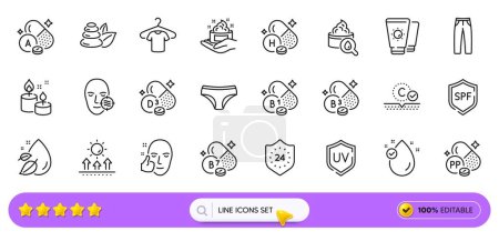 Illustration for Aroma candle, Uv protection and Niacin line icons for web app. Pack of Vitamin e, Moisturizing cream, Sun protection pictogram icons. Vitamin a, T-shirt, Healthy face signs. Skin care. Vector - Royalty Free Image
