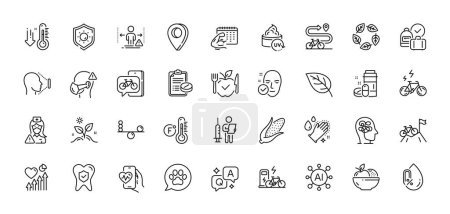 Illustration for Sun protection, Low thermometer and Uv protection line icons pack. AI, Question and Answer, Map pin icons. E-bike, Leaf, Organic tested web icon. Medical drugs, Bike path, Bike app pictogram. Vector - Royalty Free Image