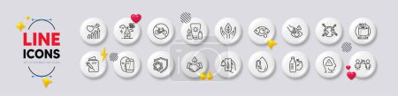 Ilustración de Protector solar, vacunación mundial e iconos de la línea Coronavirus. Botones blancos 3d iconos. Pack de bicicletas prohibidas, Sin alcohol, No toque icono. Vector - Imagen libre de derechos