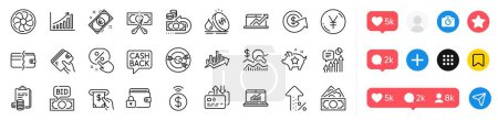 Illustration for Wallet, Check investment and Contactless payment line icons pack. Social media icons. Targeting, Money transfer, Increasing percent web icon. Payment methods, Bid offer, Card pictogram. Vector - Royalty Free Image