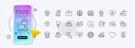Illustration for Ice cream, Grill and Puzzle line icons for web app. Phone mockup gradient screen. Pack of Wedding rings, Be true, Event click pictogram icons. Honeymoon travel, Delivery, Shopping signs. Vector - Royalty Free Image