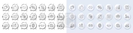 Illustration for Passport document, Security statistics and Filter line icons. White pin 3d buttons, chat bubbles icons. Pack of Vip security, Hand, Sale offer icon. Like, Marketing, Cardio training pictogram. Vector - Royalty Free Image