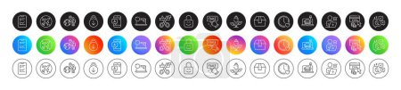 Illustration for Cut ribbon, Airplane mode and Online voting line icons. Round icon gradient buttons. Pack of Eco power, Dating, Fake information icon. Scroll down, Report document, Package box pictogram. Vector - Royalty Free Image