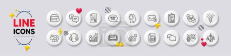 Ilustración de Mensajero, Servidor de recuperación y Checklist iconos de línea. Botones blancos 3d iconos. Pack de estrés, apego, icono de documentación. Curva de demanda, Trabajo en equipo, Consejos rápidos pictograma. Vector - Imagen libre de derechos