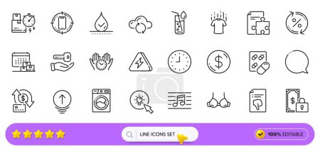 Illustration for Capsule pill, Thumb down and Waterproof line icons for web app. Pack of Strategy, Bra, Swipe up pictogram icons. Dollar money, Private payment, Smartphone target signs. Safe time. Search bar. Vector - Royalty Free Image