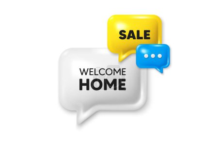 Illustration for Discount speech bubble offer 3d icon. Welcome home tag. Home invitation offer. Hello guests message. Welcome home discount offer. Speech bubble sale banner. Discount balloon. Vector - Royalty Free Image