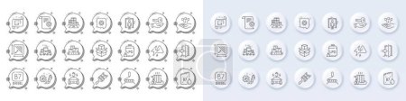 Illustration for Square area, Inventory and Cogwheel line icons. White pin 3d buttons, chat bubbles icons. Pack of Entrance, Diesel canister, Architectural plan icon. Vector - Royalty Free Image