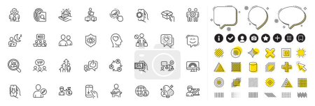 Ilustración de Conjunto de Amigos de chat, Gráfico gráfico y Mantenga los iconos de línea de caja para la aplicación web. Elementos de diseño, iconos de redes sociales. Protección ocular, Los empleados de trabajo en equipo, Descargar iconos de la aplicación. Vector - Imagen libre de derechos