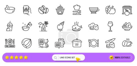 Alkoholsucht, Eiscreme-Milchshake und Eis-Linie Symbole für Web-App. Packung mit Salat, Apfel, Food-Piktogrammen. Cappuccino, Kartoffeln, Haselnüsse. Fischgericht, Kaffeebohnen. Vektor