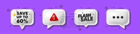 Photo for Offer speech bubble 3d icons. Save up to 60 percent. Discount Sale offer price sign. Special offer symbol. Discount chat offer. Flash sale, danger alert. Text box balloon. Vector - Royalty Free Image
