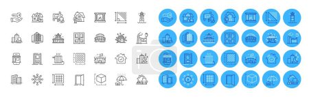 Circus, Sports stadium and Open door line icons pack. Plan, Entrance, Radiator web icon. Factory, Triangle area, Lighthouse pictogram. House security, Home facility, Door. Marketplace. Vector
