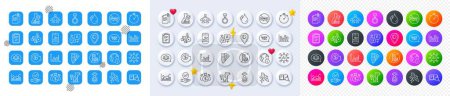 Smartphone statistics, Interview job and Dollar exchange line icons. Square, Gradient, Pin 3d buttons. AI, QA and map pin icons. Pack of Upper arrows, Hydroelectricity, Search book icon. Vector