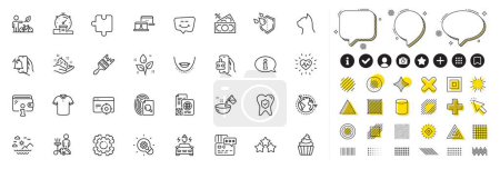 Illustration for Set of Smile chat, Card and Seo gear line icons for web app. Design elements, Social media icons. Car charging, T-shirt, Brush icons. Wallet, Cooking water, Money tax signs. Vector - Royalty Free Image
