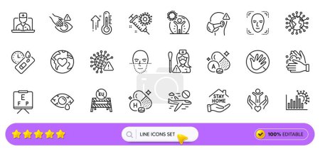 Illustration for Nurse, Volunteer and Coronavirus line icons for web app. Pack of Do not touch, Donation, Face detection pictogram icons. Vitamin a, Covid virus, Eu close borders signs. Covid test. Search bar. Vector - Royalty Free Image