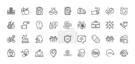 Illustration for Capsule pill, Vaccine announcement and Ambulance car line icons pack. AI, Question and Answer, Map pin icons. Bicycle parking, No sun, Uv protection web icon. Vector - Royalty Free Image