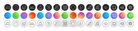 Illustration for Wallet, Question mark and Laptop line icons. Round icon gradient buttons. Pack of Time, Trade chart, Copywriting icon. Puzzle, Cloud computing, Report pictogram. Vector - Royalty Free Image