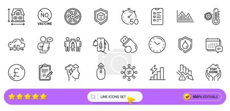 Illustration for Mindfulness stress, Timer and Discrimination line icons for web app. Pack of Message, Deflation, Consumption growth pictogram icons. No vaccine, Waterproof, Checklist signs. Swipe up. Vector - Royalty Free Image