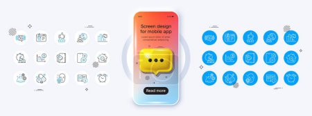 Illustration for Phone mockup with 3d chat icon. Earphones, Working process and Phone service line icons. Pack of Face verified, Vitamin, Fast delivery icon. Alarm clock, Dollar rate, Start business pictogram. Vector - Royalty Free Image