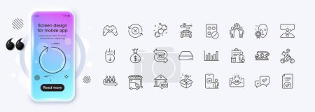 Illustration for Chemical formula, Loop and Spanner line icons for web app. Phone mockup gradient screen. Pack of Mini pc, Copywriting notebook, Delivery truck pictogram icons. Vector - Royalty Free Image