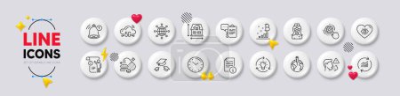 Illustration for Meditation eye, Overeating pills and Time line icons. White buttons 3d icons. Pack of Pandemic vaccine, Bitcoin graph, Idea icon. Clipboard, Cogwheel settings, Throw hats pictogram. Vector - Royalty Free Image