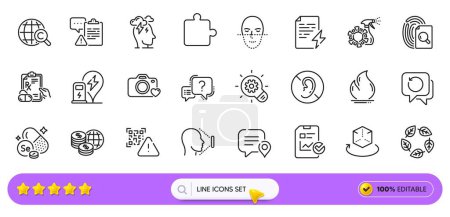 Illustration for Augmented reality, Face id and Question mark line icons for web app. Pack of Face recognition, Report checklist, No hearing pictogram icons. Inspect, Chat bubble, Clipboard signs. Search bar. Vector - Royalty Free Image