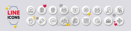 Illustration for Fast verification , Voicemail and Video conference line icons. White buttons 3d icons. Pack of Approved award, 24 hours, Weariness icon. Internet document, Survey check, Square area pictogram. Vector - Royalty Free Image