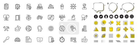 Illustration for Set of Local grown, Call center and Arena stadium line icons for web app. Design elements, Social media icons. Certificate, Brand ambassador, Coffee cocktail icons. Vector - Royalty Free Image