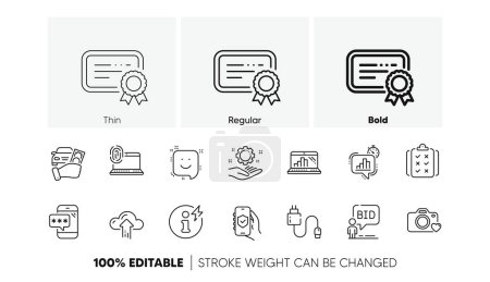 Illustration for Power info, Cloud upload and Auction line icons. Pack of Phone password, Statistics timer, Security app icon. Photo camera, Computer fingerprint, Certificate pictogram. Charging cable. Vector - Royalty Free Image