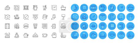 Illustration for Tea cup, Furniture moving and Mattress line icons pack. Furniture, Dresser, Open door web icon. Teapot, Night mattress, Fireplace pictogram. Tea, Street light, Floor plan. Circle area. Vector - Royalty Free Image