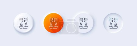 Ilustración de Icono de línea de yoga. Neumorfa, gradiente naranja, botones de pin 3d. Meditación signo de pose. Relájate cuerpo y mente símbolo. Iconos de línea. Botones neumórficos con signos de contorno. Vector - Imagen libre de derechos