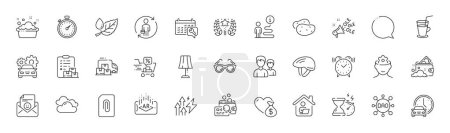 Illustration for Hand washing, Hourglass timer and Work home line icons. Pack of Couple, Ole chant, Ranking icon. Leaf dew, Cocktail, Augmented reality pictogram. Timer, Car service, Delivery truck. Line icons. Vector - Royalty Free Image