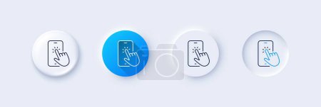 Phone touch line icon. Neumorphic, Blue gradient, 3d pin buttons. Smartphone app sign. Cellphone mobile device symbol. Line icons. Neumorphic buttons with outline signs. Vector