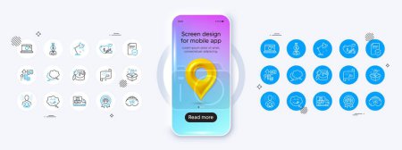 Illustration for Phone mockup with 3d map pin icon. Vr, Spanner and Delivery truck line icons. Pack of Brush, Social care, Insurance policy icon. Yummy smile, Seo laptop, Speech bubble pictogram. Vector - Royalty Free Image