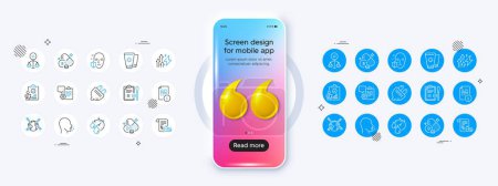 Illustration for World vaccination, Sunscreen and Face protection line icons. Phone mockup with 3d quotation icon. Pack of Cholecalciferol, Medical prescription, Ethics icon. Vector - Royalty Free Image